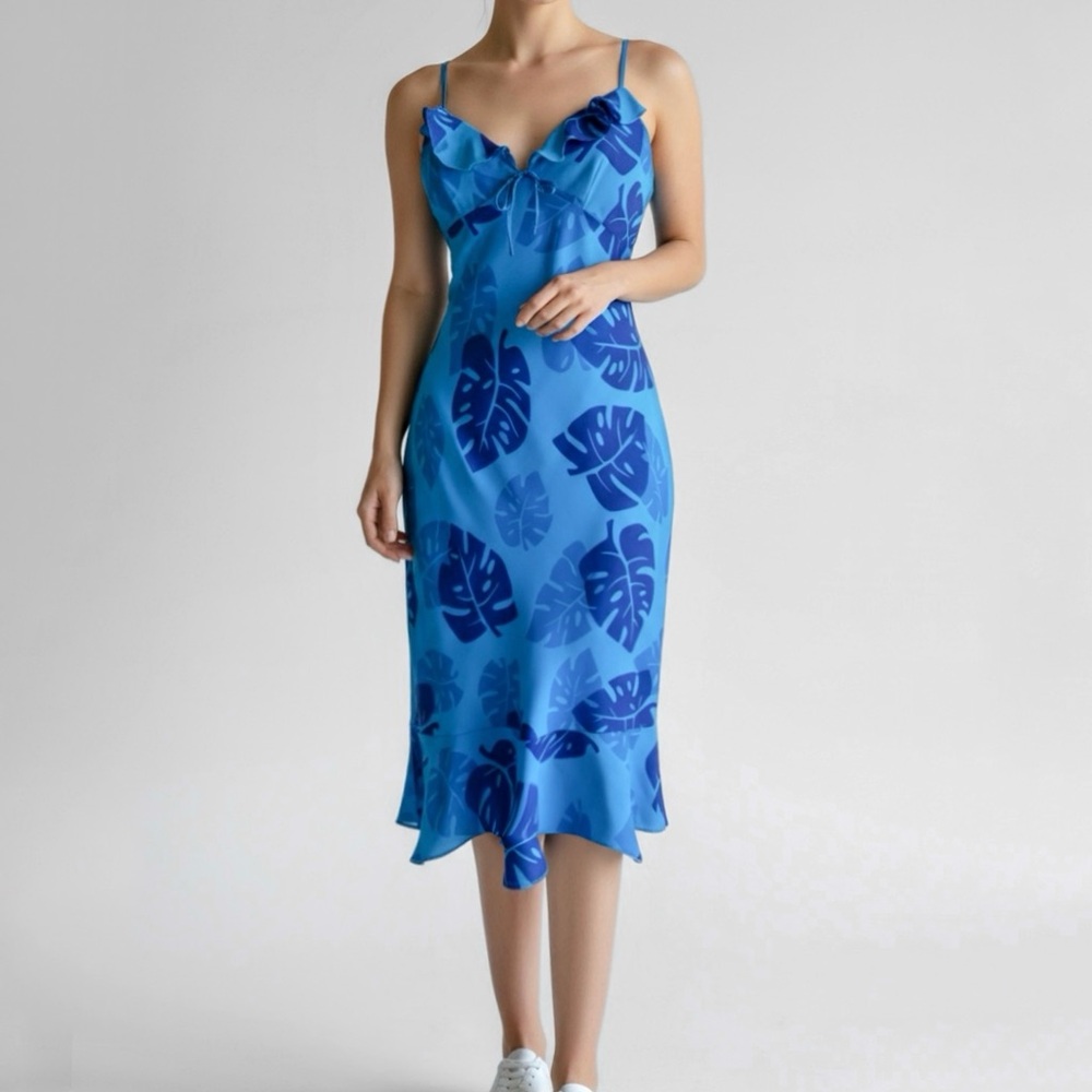 Vtg Y2K Tropical Midi Dress Sz 8 Coconut Girl 90s Blue Ruffle Beachy Hawaiian